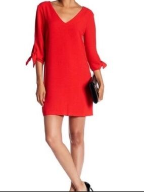 J.Crew Red Shift Dress Size 10 V Neck Tie Sleeve Mini Dress